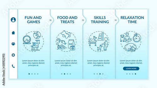 Dogs day camp services onboarding vector template. Funny activities. Exciting games. Tasty foods. Responsive mobile website with icons. Webpage walkthrough step screens. RGB color concept