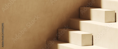 Minimal cosmetic background for product presentation. Sunshade shadow on beige step plaster wall. 3d render illustration. 