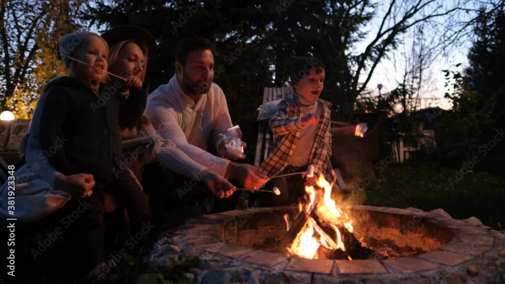 Portrait of a happy American family. They sit around the fire and roast marshmallows Portrait of a happy American family. They sit around the fire and roast marshmallows