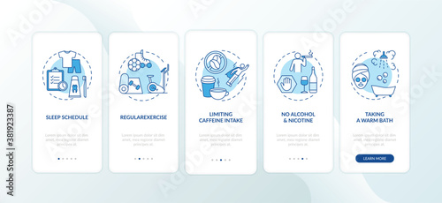 Healthy sleep hygiene blue onboarding mobile app page screen with concepts. Healthcare recommendation walkthrough 5 steps graphic instructions. UI vector template with RGB color illustrations