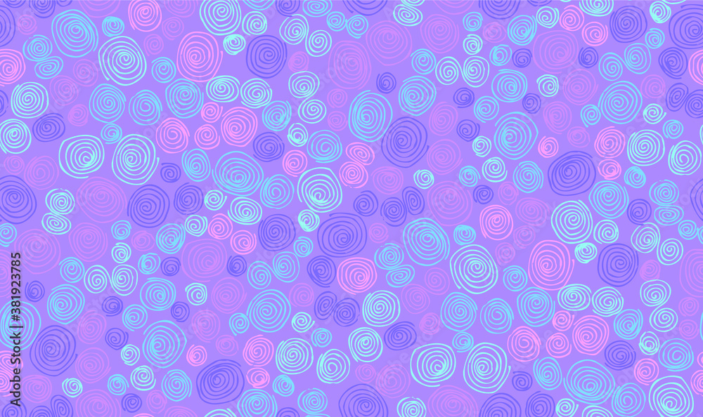 Abstract geometric hand drawn randomly scattered spiral circles seamless pattern. Vector psychedelic color doodle background. Abstract geometric hand drawn randomly scattered spiral circles seamless pattern. Vector psychedelic color doodle background.