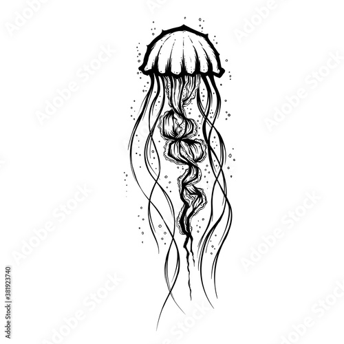 Jellyfish tattoo hand draw style. Mystical symbol of adventure, dreams, deep sea. Creative geometric jellyfish tattoo art t-shirt print design poster textile. tattoo design illustration.