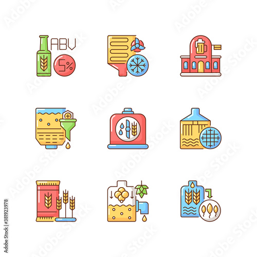 Beer production technology RGB color icons set. Alcohol by volume. Malted barley and hops for brewing. Cooling and boiling step in beer manufacture production. Isolated vector illustrations