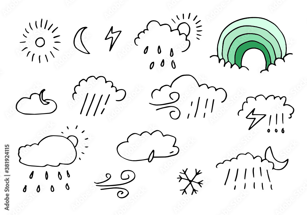 Obraz premium Weather Doodle Vector Set isolated on white background.