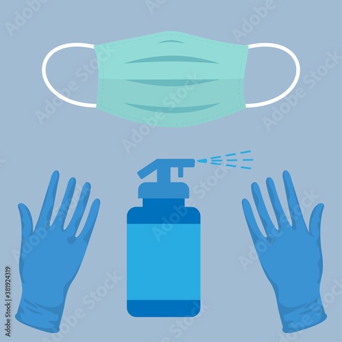 Gloves, disposable face mask and disinfectant bottle Coronavirus prevention kit