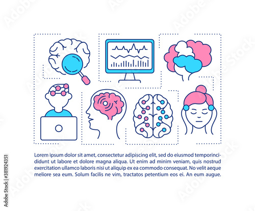 Brain research concept icon with text. Clinical studies of neurological diseases and disorders. PPT page vector template. Brochure, magazine, booklet design element with linear illustrations