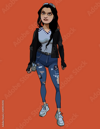 cartoon woman in jeans and sneakers stands and looks puzzled