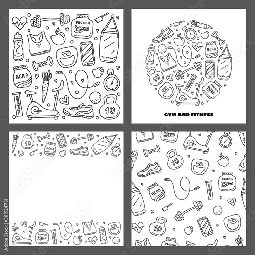Set of cards with outline gym and fitness icons including exercise bike, sport bra, bottle, whey protein, bcaa, isotonic drink, barbell, dumbbell, weight, jumping rope, sneaker on grey background.