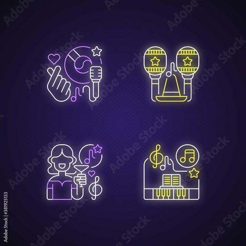 Party songs ideas neon light icons set. Ethnical latin musical instruments. Fancy lounge music. Classic piano songs. Signs with outer glowing effect. Vector isolated RGB color illustrations
