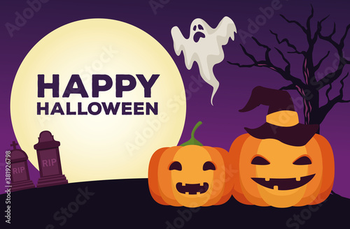 happy halloween celebration card with pumpkins and ghost