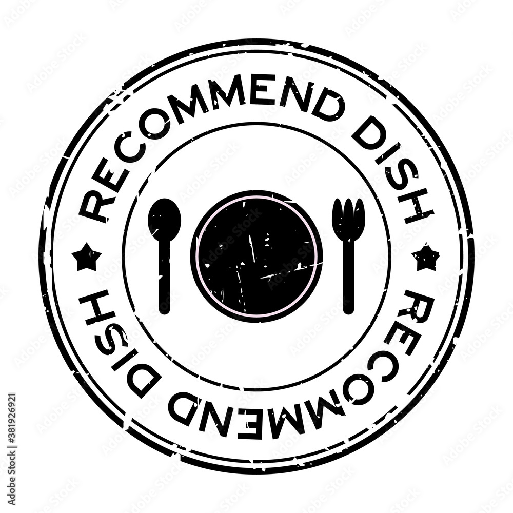 Grunge black recommended dish word with dish, spoon and fork icon rubber seal stamp on white background Grunge black recommended dish word with dish, spoon and fork icon rubber seal stamp on white background