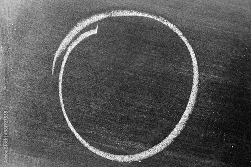 White color chalk hand drawing in circle or oval shape on black board background