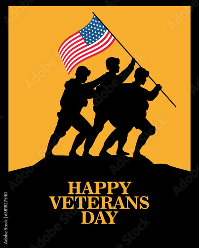 happy veterans day celebration with soldiers lifting usa flag in pole silhouette