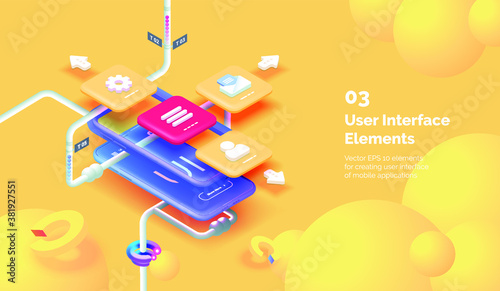 Modern mobile app user interface concept. 3D Smartphone on a yellow background with tools for creating a mobile interface. Mobile interface design. Modern vector illustration isometric style.