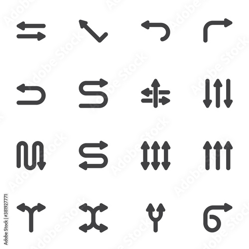 Navigation arrows vector icons set, modern solid symbol collection, filled style pictogram pack. Signs, logo illustration. Set includes icons as curved arrow, U-turn, right left, up and down