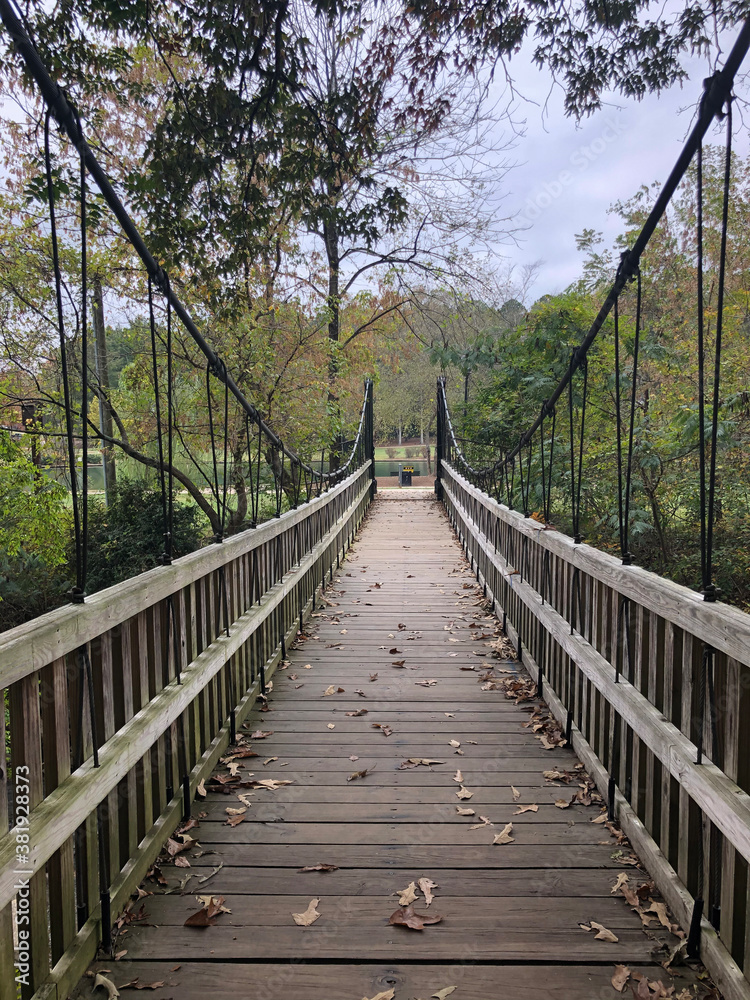 Small suspension bridge over the stream in the park