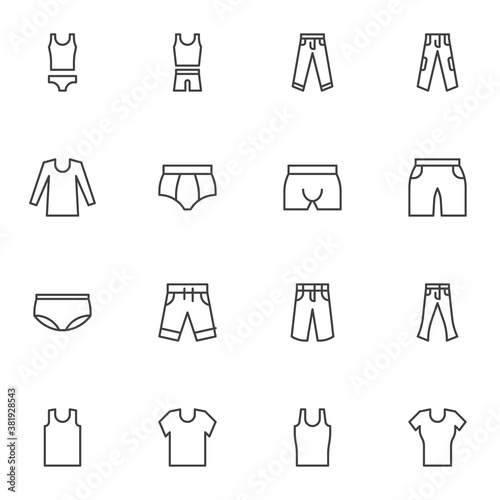 Underwear clothes line icons set  outline vector symbol collection  linear style pictogram pack. Signs  logo illustration. Set includes icons as underclothes pants  underpants  singlet  t-shirt  short