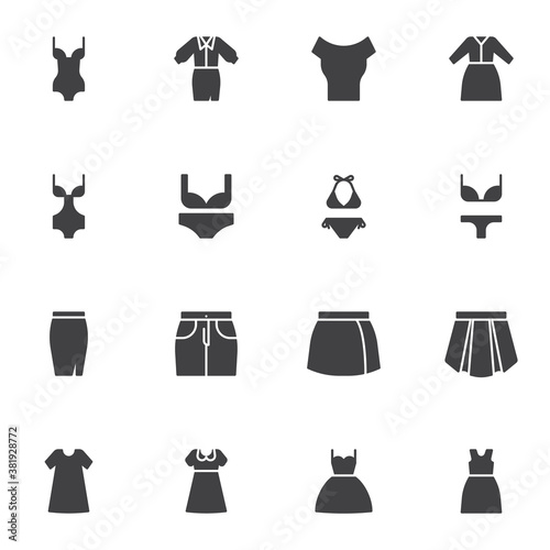 Female clothes vector icons set, modern solid symbol collection, filled style pictogram pack. Signs, logo illustration. Set includes icons as swimwear, swimsuit, bra and bikini, skirt, wedding dress