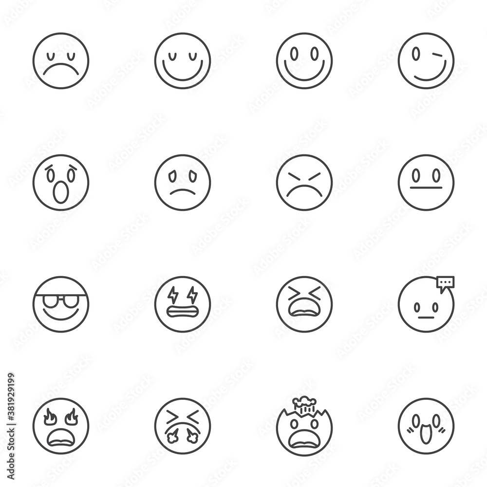 Emoticon smiley line icons set, circle emoji outline vector symbol collection, linear style pictogram pack. Signs, logo illustration. Set includes icons as smiling face, sad, shocked, angry, nerd, cry Emoticon smiley line icons set, circle emoji outline vector symbol collection, linear style pictogram pack. Signs, logo illustration. Set includes icons as smiling face, sad, shocked, angry, nerd, cry
