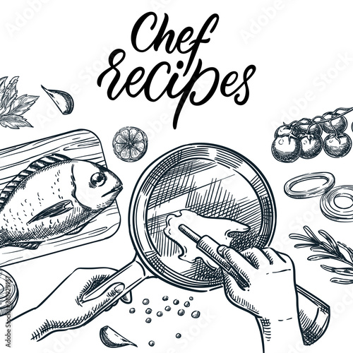 Cooking tuna or dorado fish. Meal preparation process vector sketch illustration. Hand pouring olive oil into frying pan
