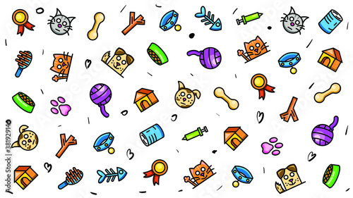 Abstract Doodle Elements Hand Drawn Collection Pets Animal Sketch Vector Design Style Background Dog Cat Bone Food Training Caring Grooming  Illustration Icons