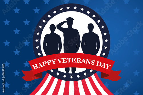happy veterans day celebration with military officer and soldiers saluting in circular frame