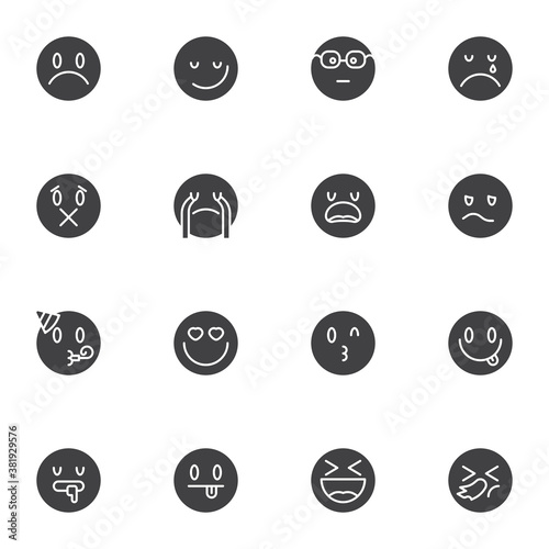 Circle emoji vector icons set, emoticon smiley modern solid symbol collection, filled style pictogram pack. Signs, logo illustration. Set includes icons as loudly crying face, happy smiling, heart eye