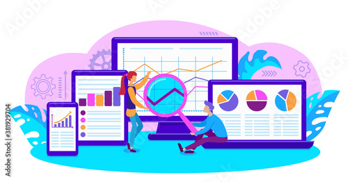 development team examines charts and charts of startup and increasing company revenues, teamwork of ambitious employees, remote freelance collaboration, mockup for web pages on blue background eps 10