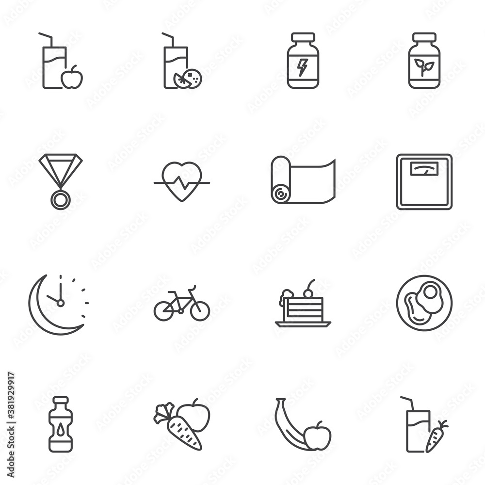 Fototapeta premium Sport nutrition line icons set, outline vector symbol collection, linear style pictogram pack. Signs, logo illustration. Set includes icons as healthy food, fruit juice glass, yoga matt, vegetable