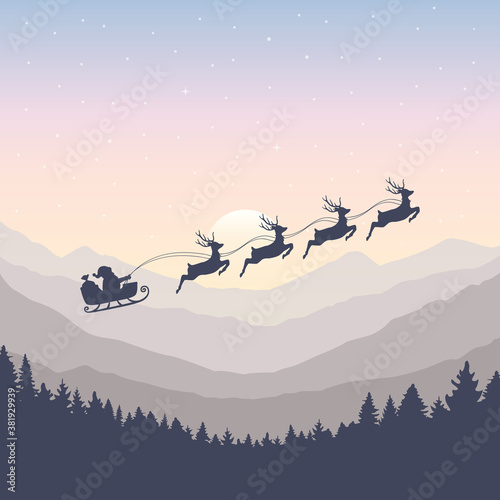 christmas banner santa claus in a sleigh with reindeer by full moon vector illustration EPS10
