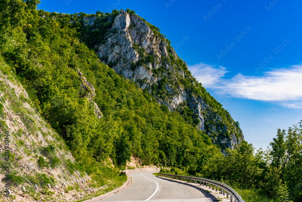 Road in Danube gorge in Djerdap on the Serbian-Romanian border