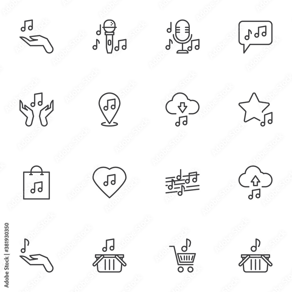 Sound and music line icons set, outline vector symbol collection, linear style pictogram pack. Signs, logo illustration. Set includes icons as karaoke microphone, radio mic, favorite music store chat