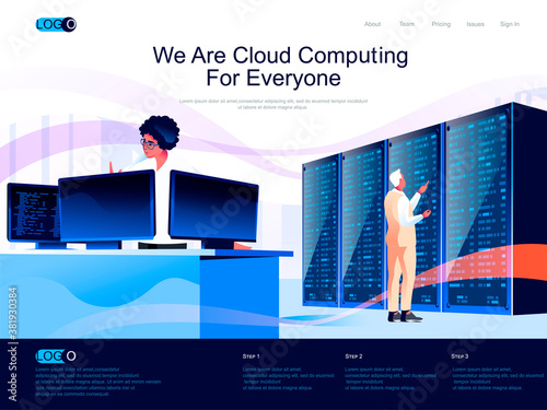 We are Cloud Computing for everyone isometric landing page. Hosting platform, big data processing isometry website page. Database administration web concept, vector illustration with people characters