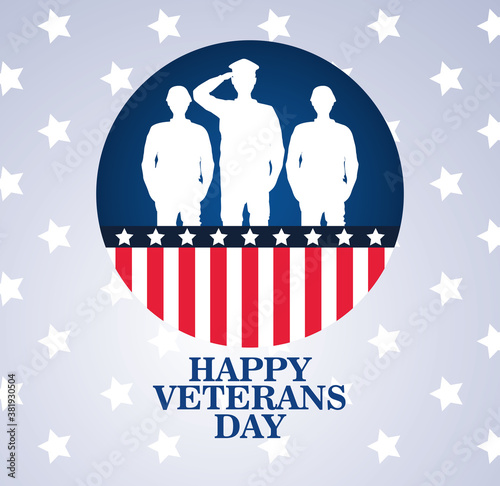 happy veterans day celebration with military officer and soldiers saluting in circular frame