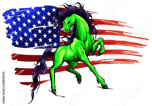 Grunge flag background, wild horse, vector illustration