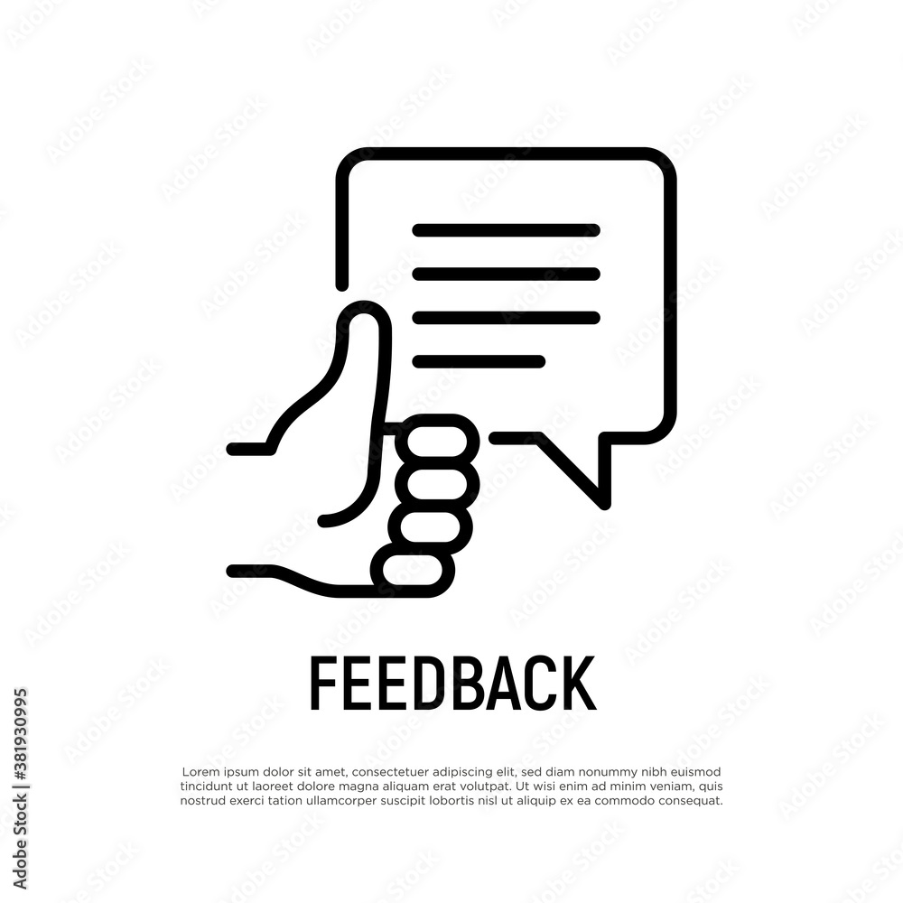Feedback thin line icon. Thumbs up with speech bubble. Comment, rating, review, recommendation. Vector illustration.