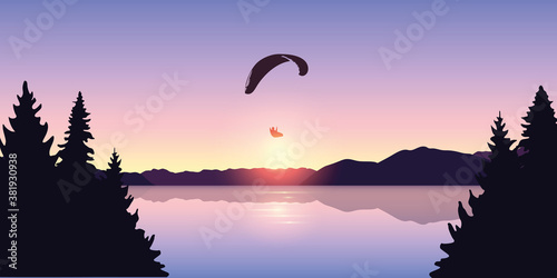 paragliding adventure by the lake at beautiful sunrise vector illustration EPS10