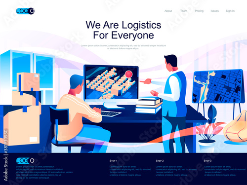 We are logistics for everyone isometric landing page. Warehousing and shipping isometry website page. Logistician planning delivery route web concept, vector illustration with people characters.