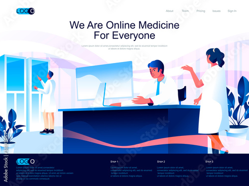We are Online Medicine for everyone isometric landing page. Modern diagnostics and treatment in clinic isometry website. Doctor at workplace web concept, vector illustration with people characters.