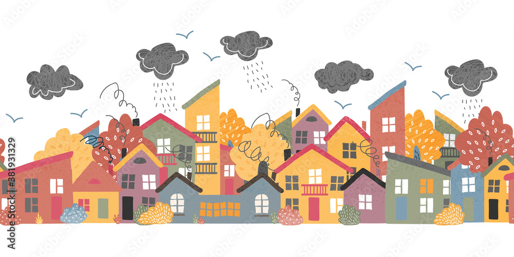 Autumn urban landscape with trees and houses seamless pattern.