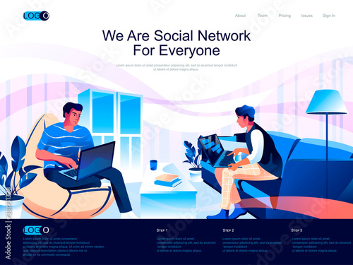 We are Social Network for everyone isometric landing page. Online communication and messaging isometry website page. Men with laptops concept in flat style, vector illustration with people characters.