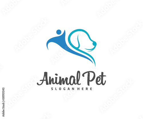 Care Pet Logo dog cat design vector template. Animals Veterinary clinic Logotype concept outline icon.