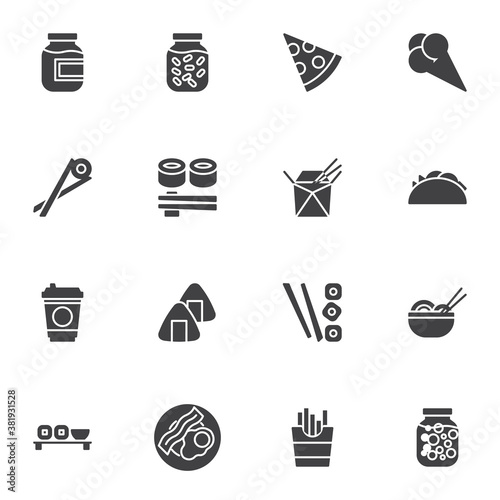 Food and drinks vector icons set, modern solid symbol collection, filled style pictogram pack. Signs logo illustration. Set includes icons as pizza, tacos, sushi roll, noodles, french fries, milkshake