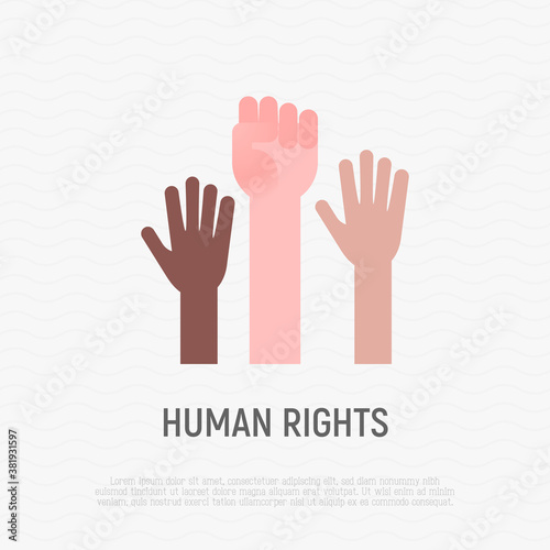 Human rights flat icon. Raised hands. Tolerance, protest, anti-racism movement. Vector illustration.