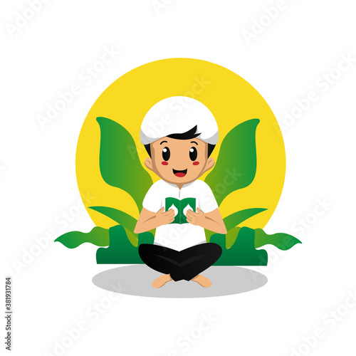 Illustration cute kid boy reading holy quran on garden background