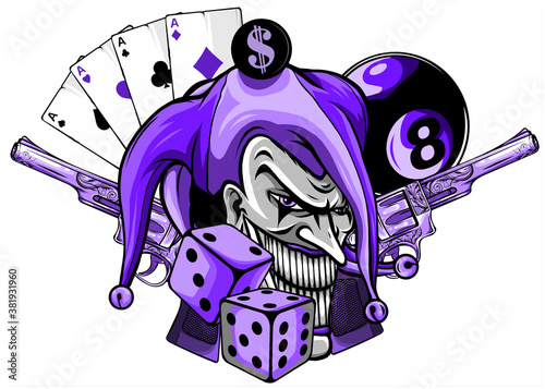 Joker card with gun and ace. vector illustration