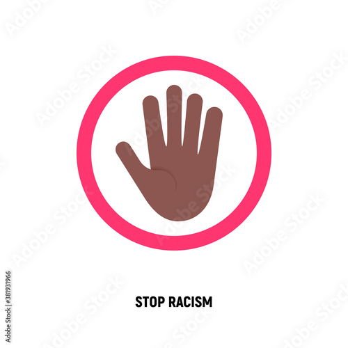 No racism flat icon. Hand gesture stop by palm. Stop discrimination. Tolerance. Vector illustration.