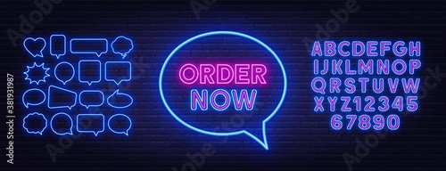 Order now neon sign on a brick background. Blue pink neon alphabet. Template for a design with speech bubble frames.