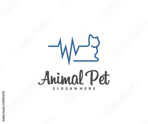 Pet Pulse Logo dog cat design vector template. Animals Veterinary clinic Logotype concept outline icon.