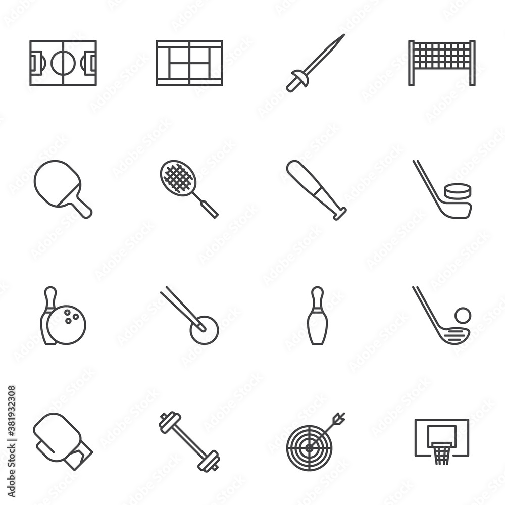 Sports equipment line icons set, outline vector symbol collection, linear style pictogram pack. Signs, logo illustration. Set includes icons as tennis racquet, baseball bat, hockey stick, boxing glove